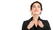 © Usman - Businesswoman in a blazer looks upward while adjusting her collar with her.
