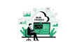 © Aaron - Man Analyzing Online Data Charts on Laptop and Tablet, Synchronized Cloud
