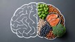 © 69 - Healthy brain food concept with fresh green vegetable, almond, blueberry, salmon, pistachio, and broccoli arranged inside brain shape chalk drawing on gray background