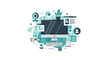 © Mick - Modern Flat Design Illustration of a Digital Workspace with Computer and Communication Icons for Remote Work, Online Collaboration, and Virtual Office Concepts