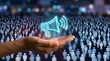 © Nimra - Digital marketing megaphone reaching a crowd audience with public announcement and communication concept