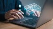 © Jo - Modern Architectural Visualization and PropTech Concept: Hands on Laptop with Holographic Interior Floor Plan, 360-Degree View, and Furniture Selection Icons