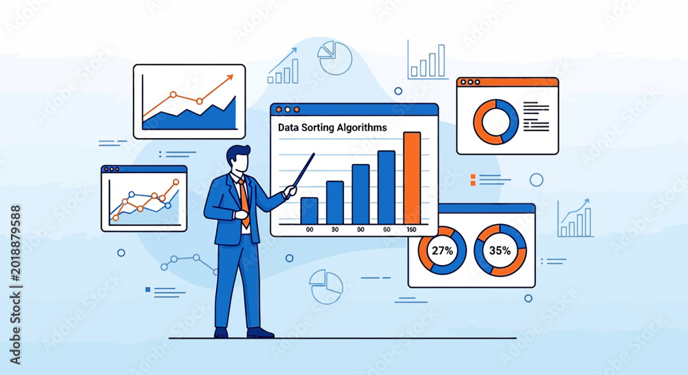 Business analyst presenting data sorting algorithms with charts and ...