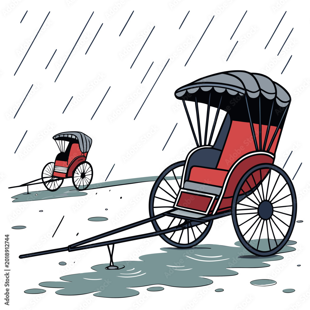 Pulled Rickshaws Vector Traditional pull rickshaws parked in rainy street with rickshaw ...