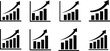 © allustra - Business growth bar chart icon set with upward arrow, financial profit increase graph, stock market performance and revenue analytics vector.