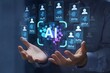 © Sultana - AI-powered HR evaluation and performance appraisal. Automated review of assessment scores. Businessperson holding artificial Intelligence icons and charts.
