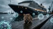© MatiyashKo - Brown rat on wet dock beside large cruise ship with floating virus particles in stormy harbor, hantavirus outbreak from maritime travel concept