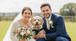 © Arra Vais - Happy wedding couple with dog posing outdoors on sunny day, holding beautiful floral bouquet and wearing elegant attire. Cheerful wedding couple dog celebrates special day with beloved pet