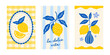 © oksanagrytsyuk - Lemon fruit poster set with Italian lettering. Mediterranean citrus branch and vase on checkered and striped background. Hand drawn vector kitchen art print bundle
