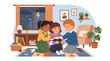 © Amie - Modern flat vector illustration of children comforting scared friend during thunderstorm showing empathy emotional support and caring friendship
