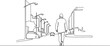 © Afganganteng - Man walking down street with streetlights and cars, minimalist line art