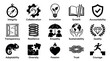 © Vladislav - Set of fifteen black icons representing corporate core values like integrity, collaboration, innovation, and growth in a simple line art style