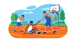 © Amie - Flat vector illustration of basketball players helping an opponent up after a game, highlighting teamwork, respect, fair play, and positive sportsmanship values