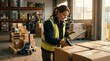 © Justlight - Threequarter angle shot of a cargo supervisor focusing on scanning export boxes clipboard with customs paperwork slightly out of focus pallet jack and crates bathed in warm side