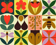 © Ross - Mid century modern geometric nature pattern with butterflies bees flowers and leaves in colorful retro abstract grid design