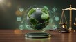 © emwe studio - Holographic green earth globe with ESG icons next to judge gavel and scales of justice symbolizing environmental law and sustainability regulations.