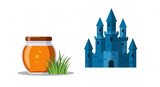 Illustration depicting a honey jar and a blue castle in a flat design style