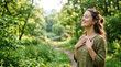 © Kamran - Young woman breathing fresh morning air in peaceful woods perfect for mental health wellness relaxation and freedom content