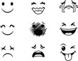 © kukuruyuk - A collection of nine hand-drawn emoticons expressing a variety of emotions from happiness and laughter to sadness and crying. Simple, clean line art on a white background.