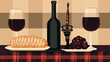 © mas - Still life of wine bottle, bread, grapes, two glasses, ornate dagger centerpiece