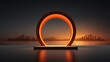 © buraratn - Abstract circular structure with glowing orange light at dawn, silhouetting a modern city skyline along the water's edge at sunrise