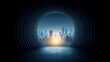 © buraratn - Serene Urban Skyline: Glowing Sunset Through Circular Tunnel with City Silhouettes and Blue Atmosphere