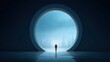 © buraratn - Surreal Landscape with a Figure Standing at a Large Circular Opening Overlooking a Futuristic Cityscape Under a Cloudy Sky