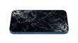 © khopidd232 - Cracked smartphone screen close up blue device against black backdrop with shattered glass texture showing extensive fracture lines corner chips market-ready damage concept