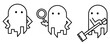 © Suriya - Set of three cute minimalist ghost line art characters including one holding a magnifying glass and one with a shovel. Simple black outline spook icons for Halloween or mystery themed designs.
