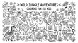 © Sagheer - Detailed black and white coloring page featuring a collection of cute jungle animals including an elephant giraffe lion monkey and zebra for children to enjoy creative artistic expression and fun