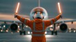 © Oulaphone - Ramp agent guiding a passenger aircraft to its parking position on the airport tarmac during ground operations.