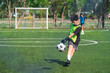 © chokniti - World cup concept with soccer ball or football player, young boy kicking soccer ball on outdoor field, green jersey, goal in background