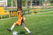 © chokniti - World cup concept with soccer ball or football player, youth soccer player kicking ball on green field with focused action and outdoor training
