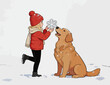 © hakule - Little girl playing with golden retriever in winter snow