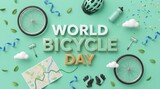 Flat lay composition with bicycle wheels helmet water bottle map and 3D letters spelling world bicycle day. Environmental health and fitness concept for urban commuting