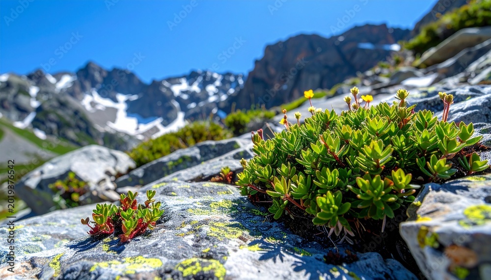 Alpine rock garden with flowering dwarf shrubs on mountain scree slope ...
