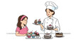 © Thabo - Professional female pastry chef shows a variety of beautifully decorated cakes and cupcakes to an interested young girl in pink.
