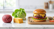 © Wealthy_7CupPig - A clean product shot showcasing the raw vs. combined components. On a white marble counter sits a ball of raw wagyu beef, a block of aged sharp cheddar, a head of butter lettuce,