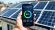 © honigjp31 - Hand holding smartphone with energy management system app in front of solar panels, smart home technology concept