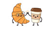 © Jack - Happy croissant wearing glasses and a coffee cup character give a high five to celebrate a delicious morning breakfast break together.