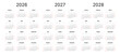 © dimakostrov - Modern 2026, 2027 and 2028 calendar template, 12 months on one page, Sunday start.