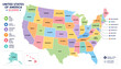 © Graphixa - Colorful map of the united states of america with clearly labeled state names and detailed geographical information displayed in a vibrant flat style on transparent background