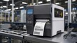 © TransPicHub - A modern label printer in a warehouse setting, displaying a barcode label, showcasing advanced printing technology and industrial efficiency.