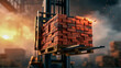 © Alex Alex - A loader lifts a wooden pallet with stacked red bricks in a dusty brick factory workshop, showcasing the concept of construction, industrial production, and construction materials logistics.