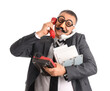 © Pixel-Shot - Businessman in funny disguise holding many different phones on white background