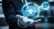 © suhel - business professional holding glowing digital network sphere in futuristic office