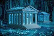 © Asry - Futuristic glowing digital bank building, architectural blueprint on circuit board