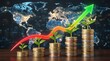 © SUMONAKTER - Financial growth concept plant growing on stacks of coins global map background.