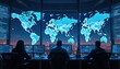© miss irine - People watch global network data on big screen and computers in dark control room. Analysts monitor cyber security threats in modern operations center analyzing digital information flows.