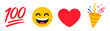 © Mirikiteki - Social media reaction icon set with red 100 sign, happy smiley emoji, heart symbol and party popper illustration, colorful flat collection for chat, stream, message, and celebration design